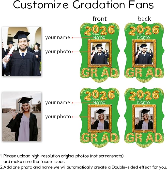 Personalized Graduation Double Sided Face Fan Class of 2026 Customized Graduation Head Face Cutout with Handle Fun Photo Prop Supplies(A-Light Green and Gold,12pcs)