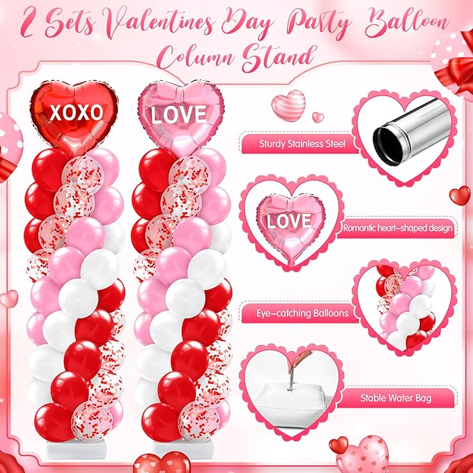 Kasyat 2 Set Valentines Day Balloons Column Stand Kit Red Pink White Arch Garland Kit, Love Heart Foil Balloons for Women Anniversary Wedding Engagement Romantic Proposal Party Decorations