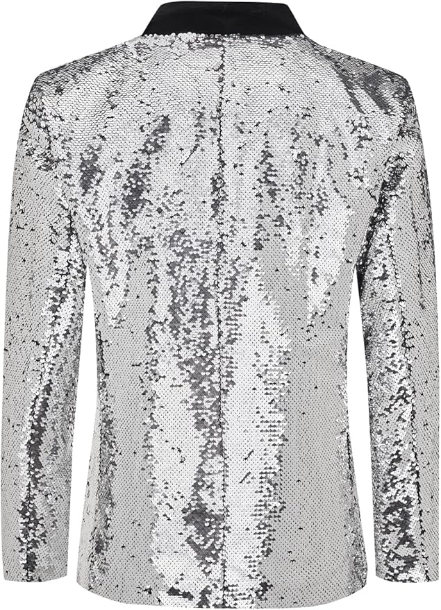 Men's 70s Disco Shiny Sequin Blazer Jacket for Weddings Prom & NightclubsSparkling Metallic Tuxedo Coat with Stretch Fabric