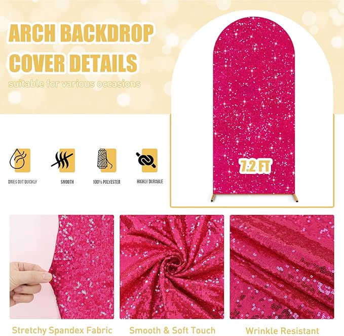 FUHSY Wedding Arch Cover 7.2 FT Sequin Arch Stand Covers Hot Pink Arch Backdrop Cover Spandex Fit Arches Covers Fabric for Arches Stands Fuchsia Party Backdrop Cover for Baby Shower Birthday Decor