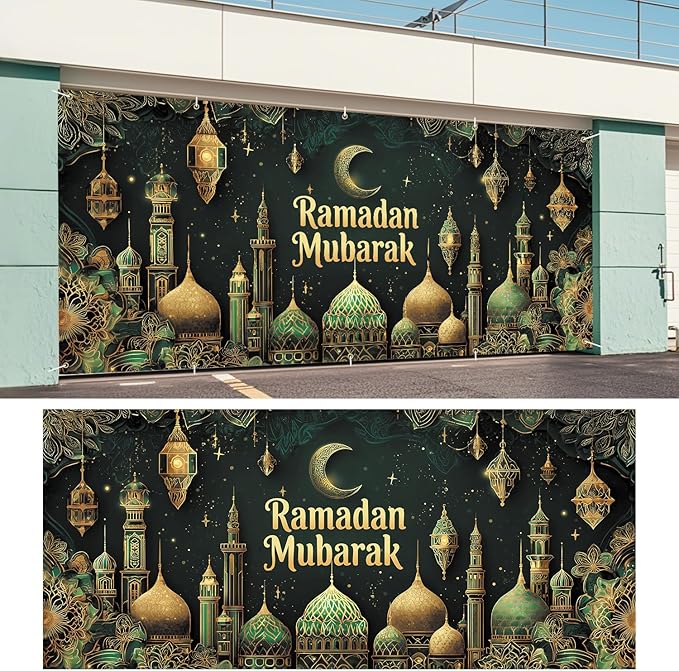 Ramadan Mubarak Garage Door Banner 7x16FT, Islamic Crescent Moon & Lanterns Design, Outdoor Decoration for Ramadan and Eid Celebrations