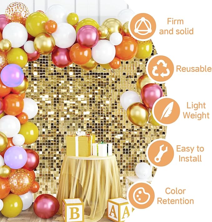 4 FT x 6 FT Light Gold Shimmer Wall Backdrop,Shiny Sequins,24PCS Sequins Backdrop Decoration Panels, Glitter Bling Photo Background Decorations for Birthday Party Wedding Anniversary Graduation