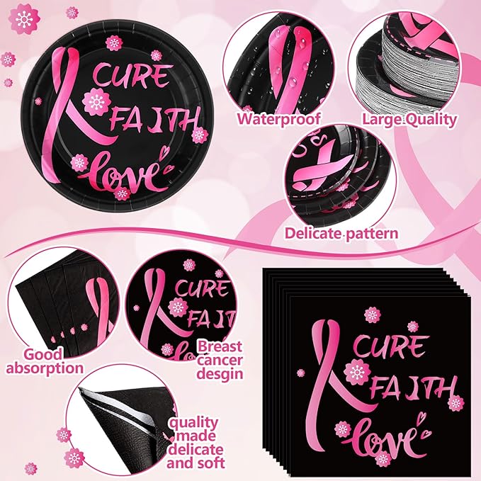 452 Pcs Breast Cancer Awareness Decoration Black Pink Cure Faith Love Paper Plates Napkins Cups Tablecloth Cutlery Straws for Breast Cancer Awareness Month Women Charity Activities Supplies