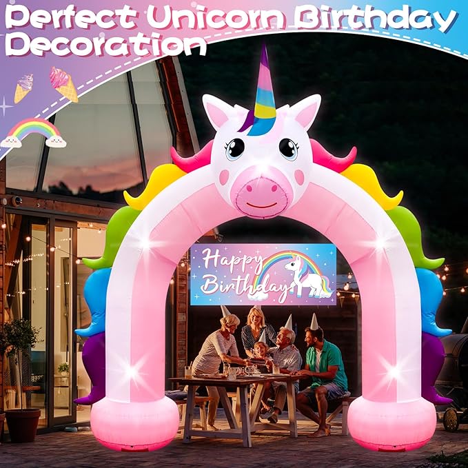 10FT Inflatable Unicorn Arch Outdoor Decorations Giant Rainbow Inflatables Arch Built-in 5 LED Lights Blow Up Pastel Unicorn Garden Yard Lawn Decor for Easter Wedding Baby Shower Girls Birthday Party