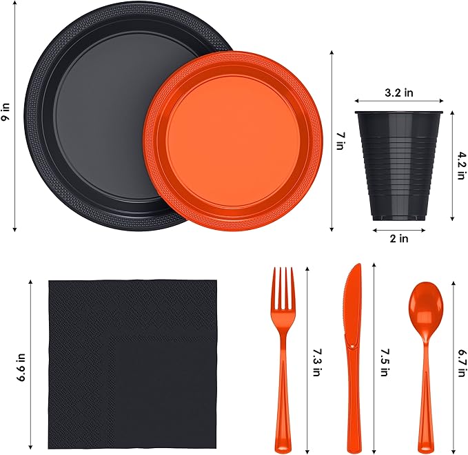 350 Pcs Orange & Black Plastic Plates For Party, Orange & Black Disposable Plates Set, 50 Of Each 9" Dinner Plate Set, 7" Dessert Plate, Cups, Napkins & Cutlery Plastic Dinnerware Exquisite