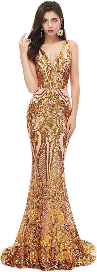 Women's Double V-Neck Sequins Lace-up Mermaid Evening Dress