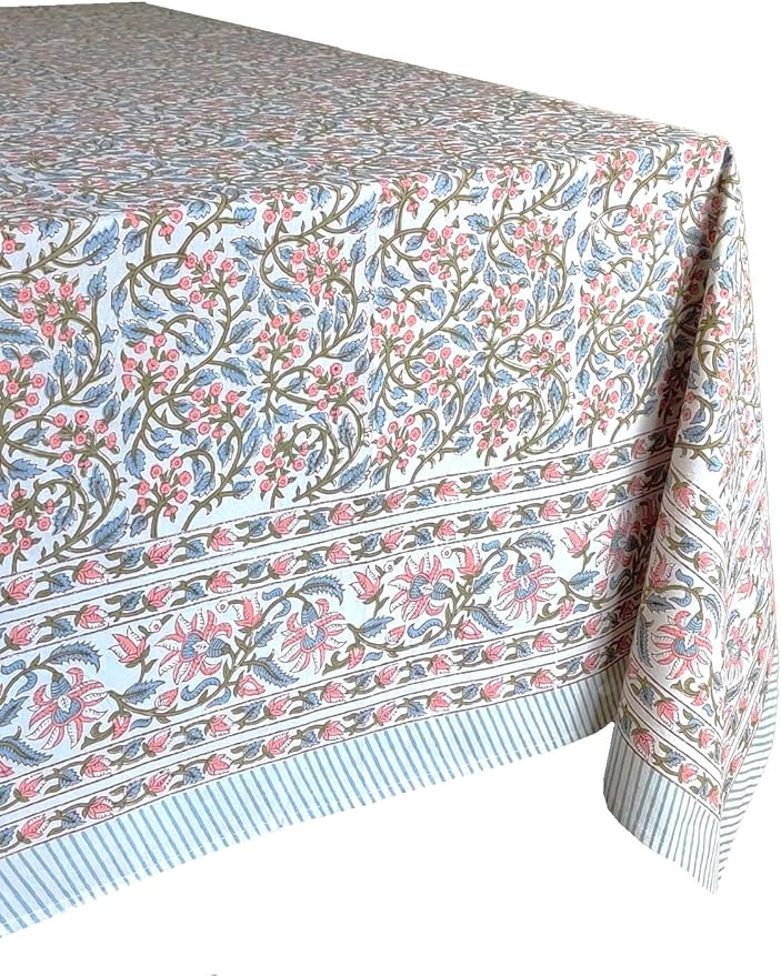ATOSII Kalina 100% Cotton Square Tablecloth, Handblock Floral Print Linen Table Cloth for Kitchen I Dining Table I Tabletop I Parties I Wedding I Spring/Summer (60 X 60 Inches)