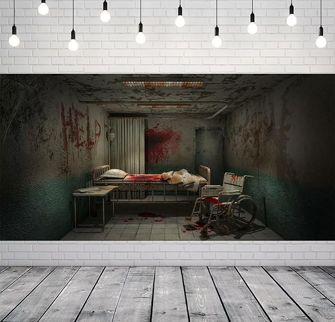 CORFOTO Fabric Creepy Hospital Bloody Ward Room Backdrop Horror Hospital Interior Background for Halloween Zombie Party Decorations Kids Adults Birthday Party Banner Movie Film Photobooth Props