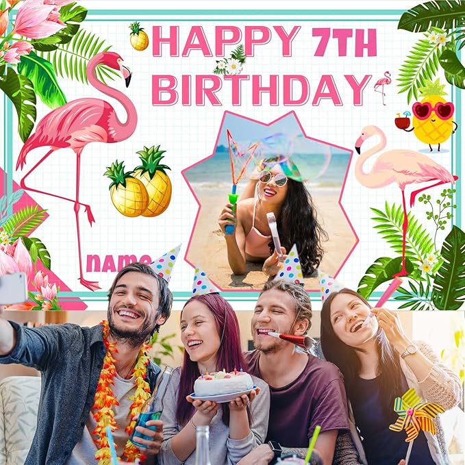Custom Flamingo Hawaiian Tropical Happy Birthday Party Decorations Supplies Personalized Flamingo Hawaiian Tropical Birthday Luau Party Backdrop Banner(5x7.5ft)