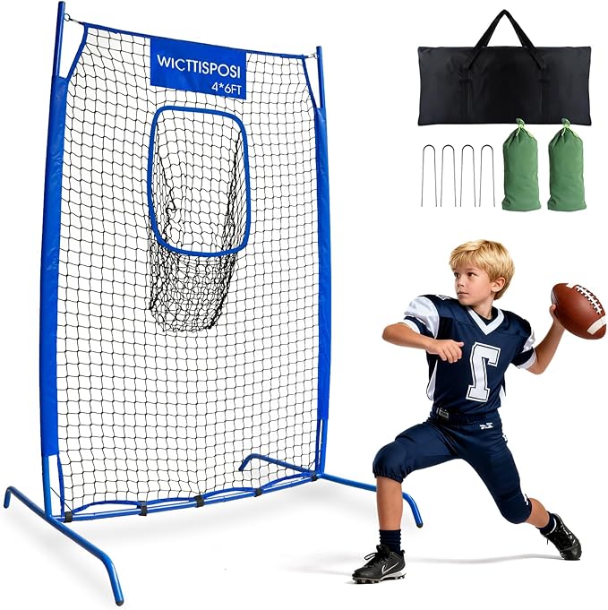 Football Throwing Net, Upgrade Heavy Duty Metal Frame Quarterback Training Equipment Throwing Machine with 1-4 Targets, Easy Setup Football Target Practice with CarryBag, Allweather Indoor Outdoor Use