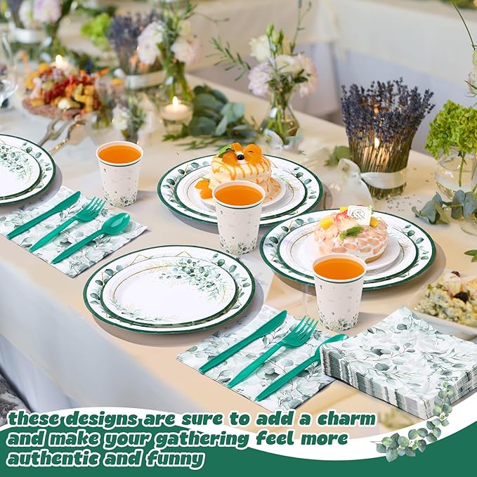 400 Pcs Sage Green Color Party Supplies Serve 50 Guests Eucalyptus Flowers Disposable Paper Plates Napkins and Cups for Bridal Baby Shower Birthday Wedding Party Decorations(Fresh)