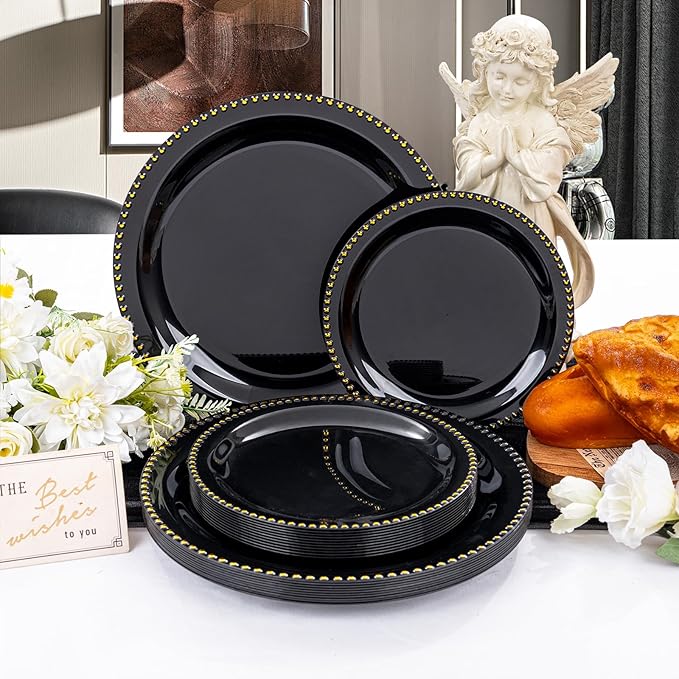 Rubtlamp 60Pcs Black Gold Plastic Plates, Black Disposable Plates With Gold Beaded, Heavyduty Plastic Plates, Halloween Plates Include 30 Dessert Platos, 30 Dinner Platos for Party