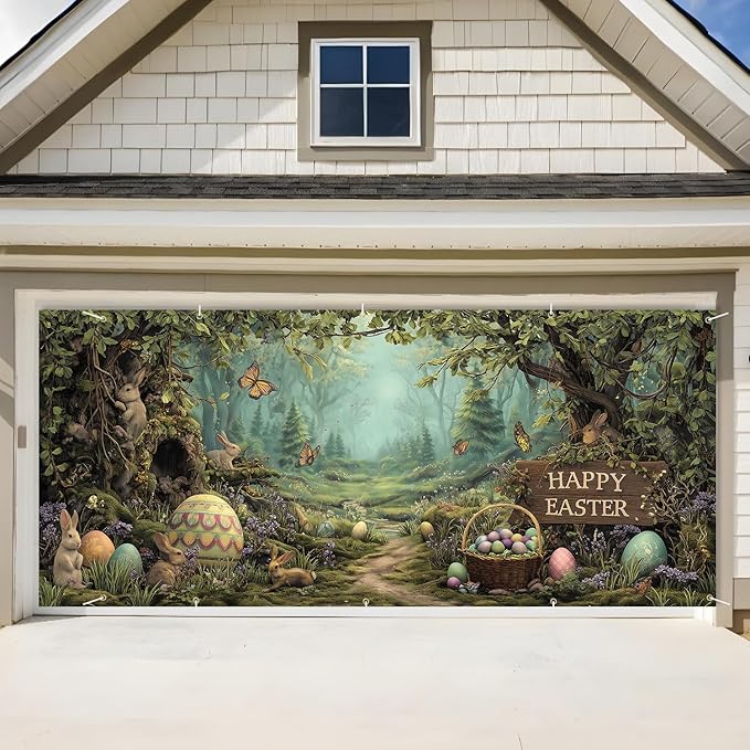 Happy Easter Woodland Scene Garage Door Banner 7x16FT, Bunny & Colorful Easter Eggs Garage Door Cover, Outdoor Spring Decor for Yard, Garage & Front Door