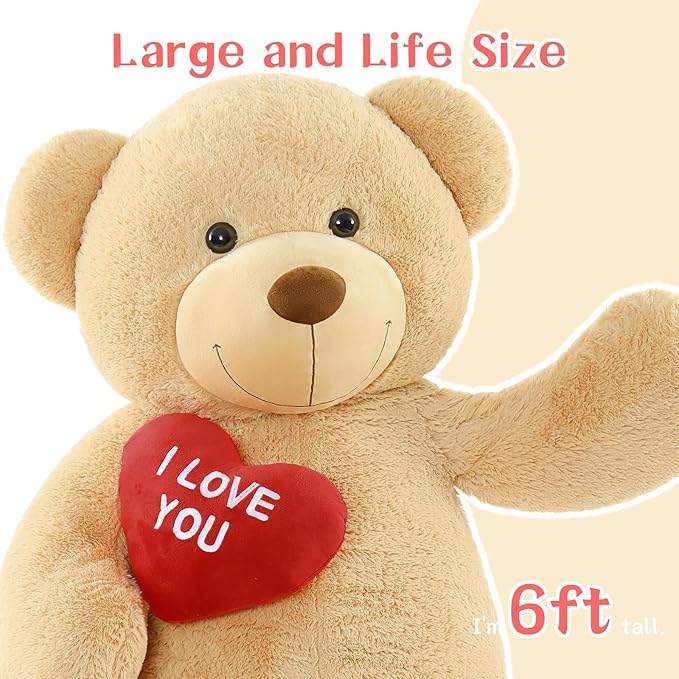 Red Heart Giant Teddy Bear 6ft, Big Teddy Bear Stuffed Animals with Embroidered I Love You for Girlfriend Christmas Birthday, Huge Valentines Teddy Bear Gifts (Brown, 72 inches)