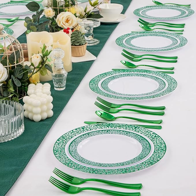 U-QE 150PCS Green St Patricks Day Plates with Plastic Silverware, Green Disposable Plates for 30 Guests Include 30 Dinner Plates, 30 Salad Plates,30 Guests Silverware Perfect for Party