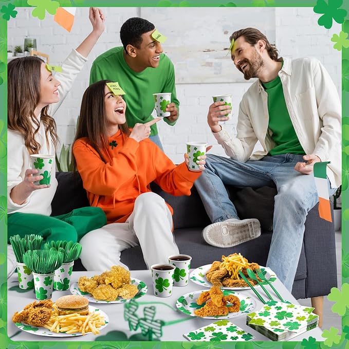 Pickmesh 400 Pcs St. Patrick's Day Party Plates and Napkin Decoration Lucky Shamrock Tableware Cups Knives for Wedding Green Shamrock Themed Irish Festival Party Supplies Serve 50