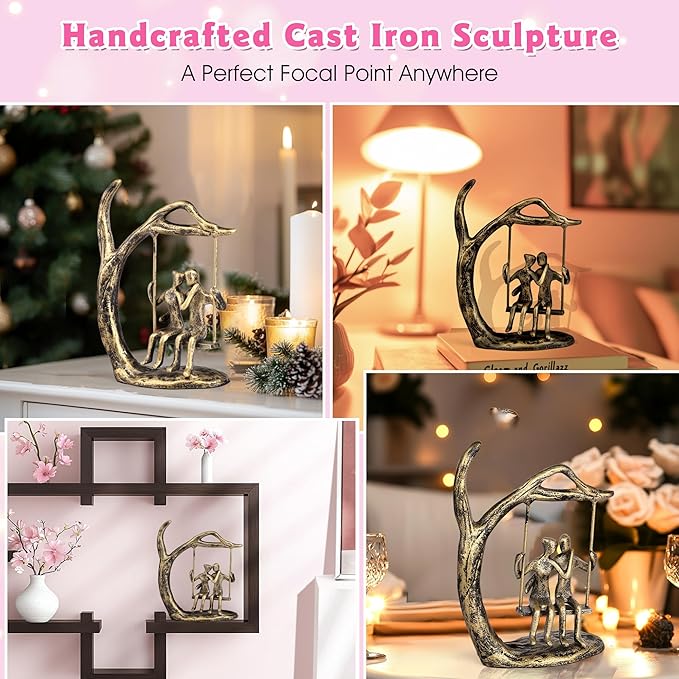 Anniversary Wedding Gifts for Couple/Her - Romantic Couple Statue in Love, Antique Gold Metal Figurine Sweet Loving Together Iron Sculpture Decor, Valentines Gifts for Her Wife Husband