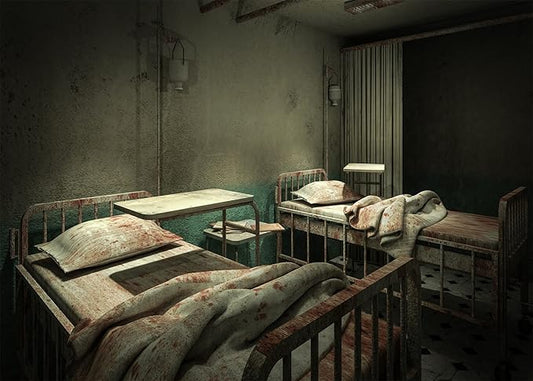 CORFOTO Fabric Creepy Ward Room Hospital Backdrop Spooky Horror Bloody Hospital Interior Background Sickbed Blood Murder Crime Party Decorations Kids Adults Halloween Party Banner Photo Props