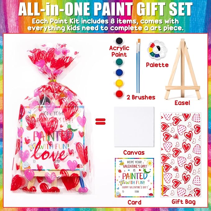 Valentines Day Gifts for Kids, 24 Set Mini Acrylic Paint Kit with Valentines Day Cards, Wood Easel, Canvases, Painting Kits for Kids Girls Boys, Party Favor Valentine Exchange Gift Class Prize