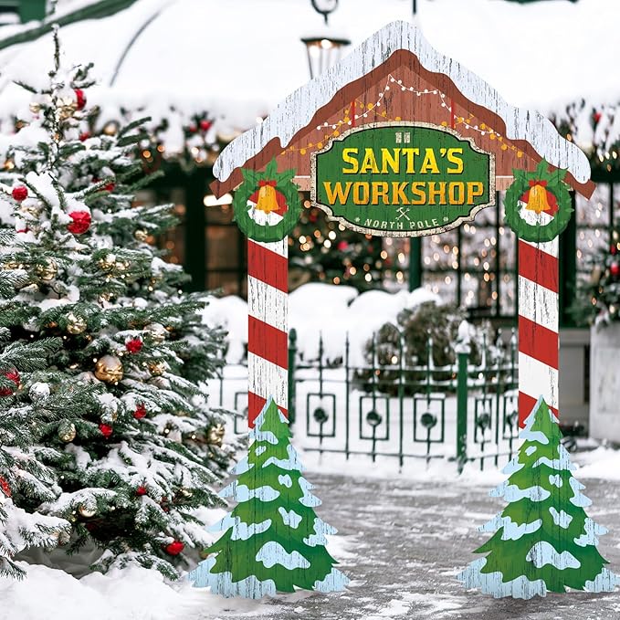 Teling 43.3 x 37.4 Inch Christmas Santa's Workshop Backdrop Decoration Large Christmas Photo Booth Props Photography Background Xmas Family Holiday Party Decoration