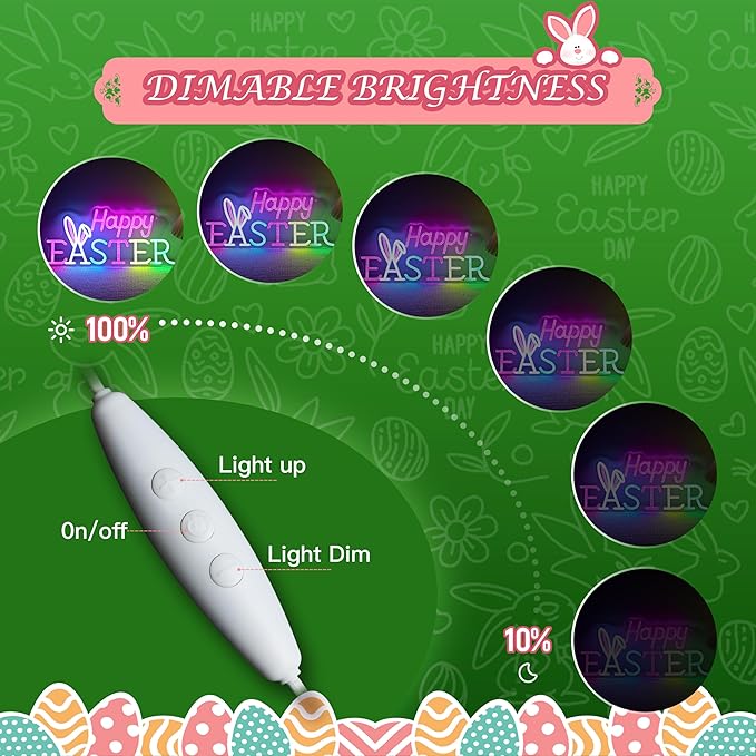 Happy Easter Neon Sign, Dimmable Led Sign Bunny Wall Decor, Easter Decorations for Home Window Living Room Party Spring Décor