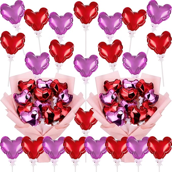 100 Pcs Valentine's Day Self Inflatable Heart Balloons with Bow Stems Mini Heart Balloons Decoration for Valentine Wedding Anniversary Party Supplies Cake Toppers(Red,Rose Red,4 Inch)