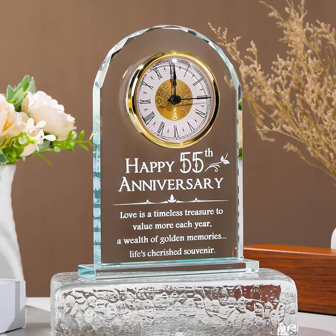YWHL 55th Wedding Anniversary Quartz Clock Gifts for Couples, 55 Year Anniversary Glass Keepsake Gift for Parents Grandparents, Table Clock 55th Anniversary Party Decoration (Battery not Included)
