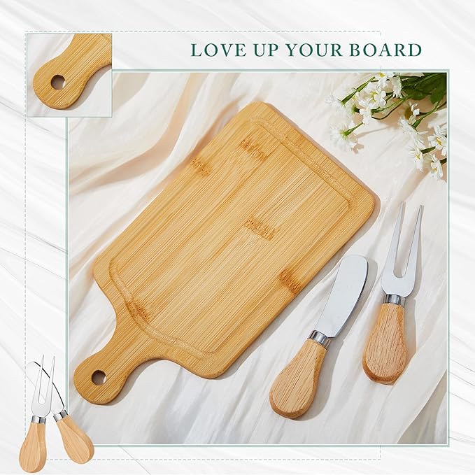 70 Set Bridal Baby Shower Cheese Prizes Wooden Square Board Gift Set Knives Forks Thank You Tags with Box for Guests for Valentines Bridal Baby Shower Housewarming Gifts (Bamboo Color)