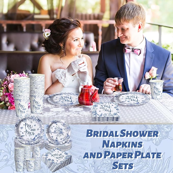 Zhehao 250 Pcs Mr. and Mrs. Bridal Shower Plates Napkins Sets 50 Pcs 9'' Dinner Plates and 7'' Dessert Plate and 9oz Cups 100 Napkins Serves 50 Party Supplies Bridal Shower Engagement Decoration