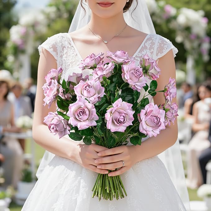 Artificial Flowers Artificial Roses Fake Roses 23.2In Long Stem Artificial Flowers for Tall Vase Silk Rose 20PCS Suitable for Wedding Party Decor Valentine's Day DIY Bouquet Spring (Purple)