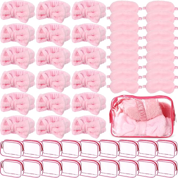 Hoteam 54 Pcs Pink Spa Party Supplies Girls Sleepover Party Favors Set of 18, Pink Bow Headbands, Sleep Eye Masks, Clear Cosmetic Bags for Girls Women Spa Birthday Bachelorette Slumber Favor Gifts