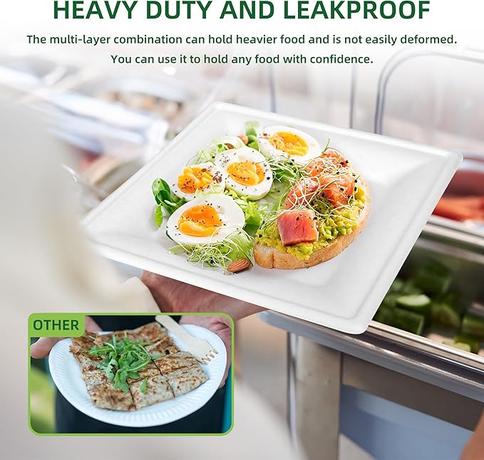 Compostable Paper Plates Set, 300PCS Disposable Heavy-Duty Plate and Utensils, Eco Friendly Biodegradable Dinnerware Kit Includes Plates, Forks, Knives, Spoons and Napkins for Party 50 People