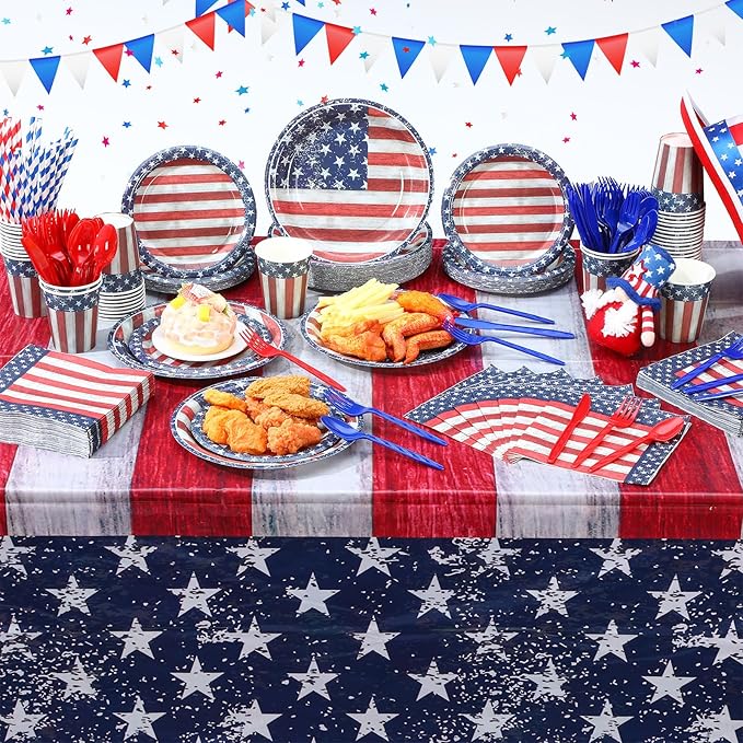 452 Pcs 4th of July Party Supplies for 50 Guests, American Flag Patriotic Paper Plates Napkins Cups Tablecloth Cutlery Straw White Red and Blue Tableware for Fourth of July Party Decoration