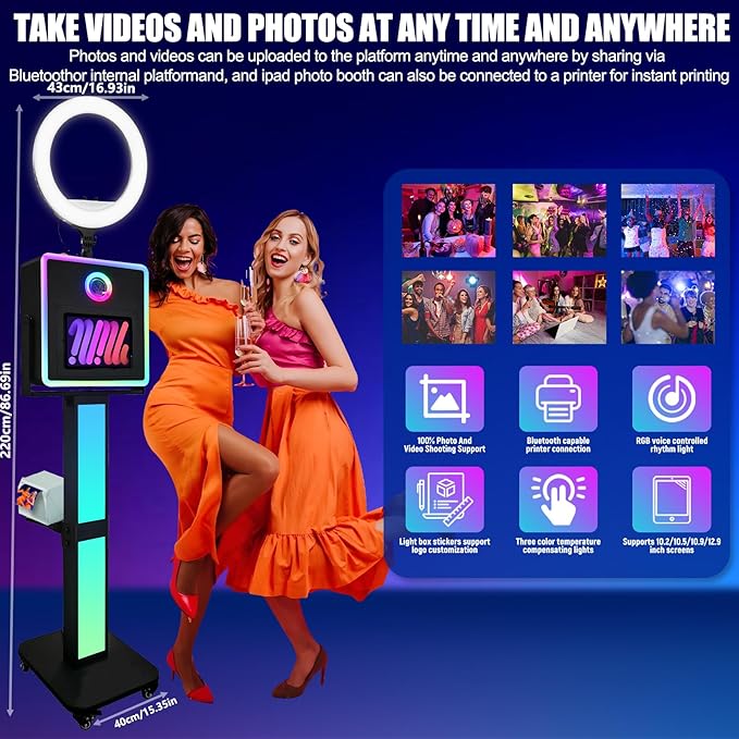 Photo Booth for iPad 10.2" 10.9" 11" 12.9" & Camera,2-in-1 Selfie Station Shell Stand Camera Photobooth Machine,App Control RGB Fill Light,for Parties,Rental Business (Black + Honeycomb Box)