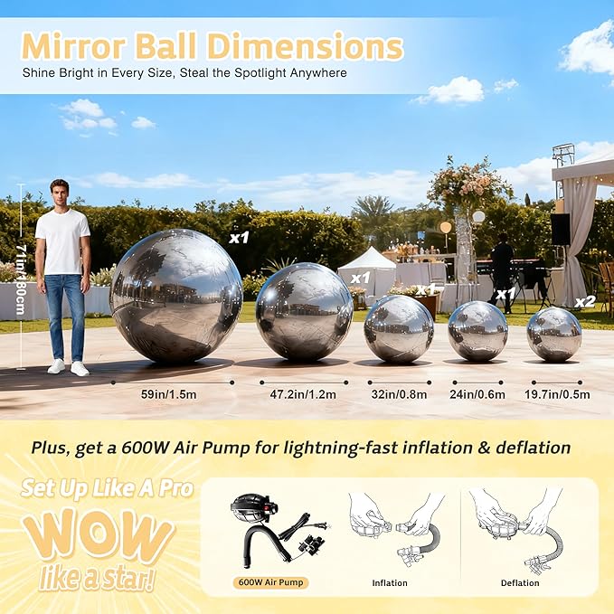 Inflatable Mirror Ball 6PCS Big Silver Shiny Balls Large Hanging & Standing PVC Disco Bubble Balloon with Electric Pump For Christmas, Birthday, Party, Wedding, Decoration, Other Events