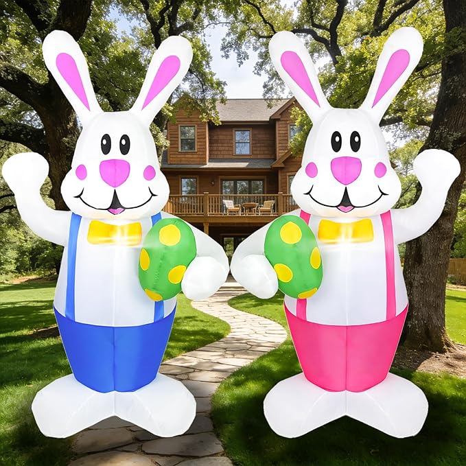 Dearsun 2 Pack 6.2FT Easter Inflatables Bunny Holding Easter Egg, Easter Blow up Yard Decorations Giant Bunny for Holiday Party Indoor Outdoor Decorations