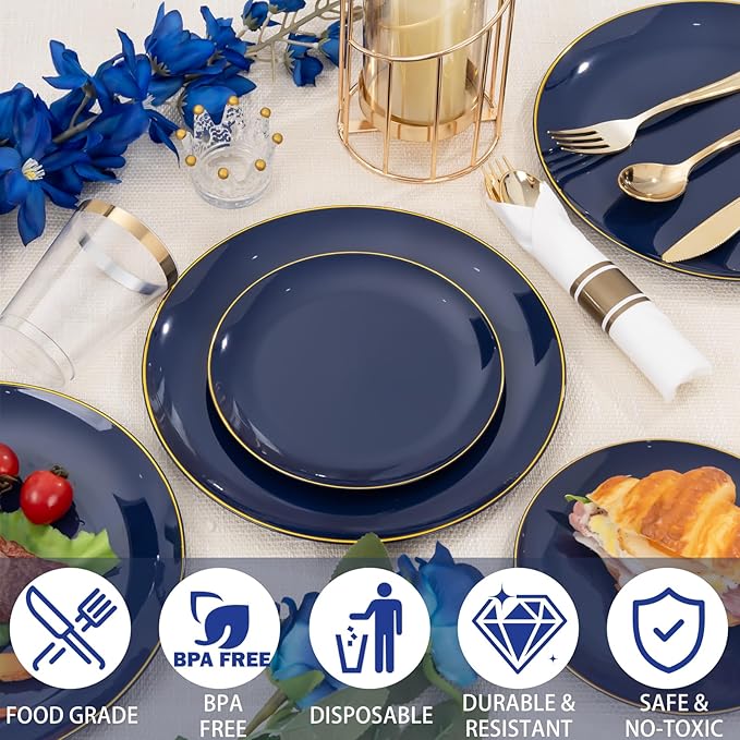 KIRE 175Pcs Blue Plastic Plates - Navy Blue Plates Disposable - 25 for Dinner 25 for Dessert 25 Pre Rolled Napkins with Gold Plastic Silverware and 25 Cups for Birthday Party/Wedding