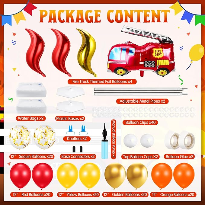 Kasyat 2 Set Fire Truck Party Balloon Column Stand Kit with 2 Fire Truck and 100 Latex Balloons, fire Truck Party Supplies for Wedding Baby Shower Birthday Party
