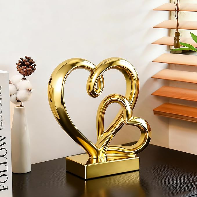 Valentine's Day Wedding Anniversary Couples Gifts-Two Hearts Decor Resin Statue,1st to 50th for Her/Him,Engagement Present, Shimmering Love Symbol for Couple, Romantic Home Accent
