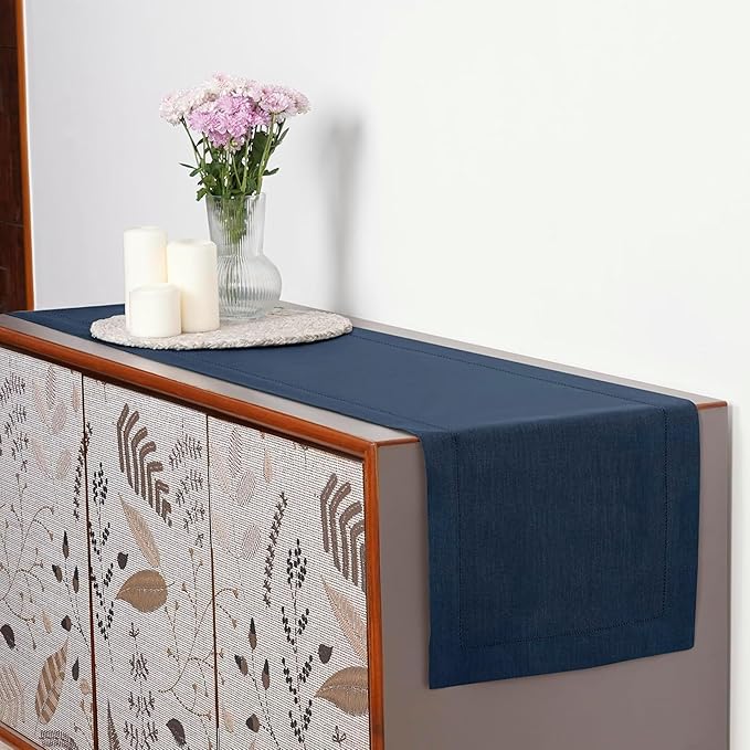 D'Moksha Homes Linen Navy Blue Table Runner 144 Inches Long - 100% Pure Linen Extra Long Table Runner 14 x 144 Inch for Easter - Classic Hemstitch