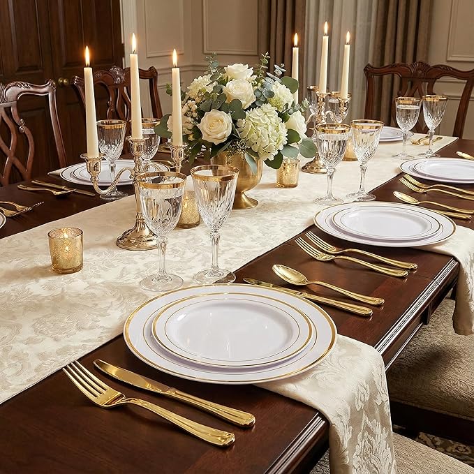 Supernal 102pcs White and Gold Plastic Plates,Disaposable Plates Heavy duty,Fancy Gold Plastic Dinnerware Set included 51 Dinner & Dessert Plates for Valentine's Day Mother's Day and Easter