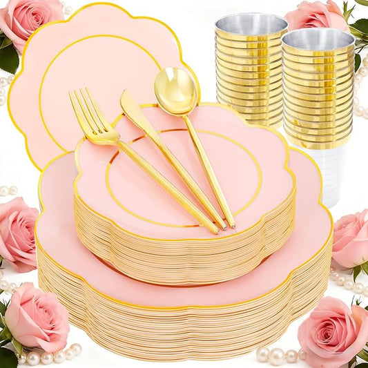 EI 180pcs Pink Plastic Plates with Gold Plastic Silverware,Heavy-Duty Disposable Plates for Party,White Dinnerware Set for 30 Guest Wedding,Birthday,Valentine's Day
