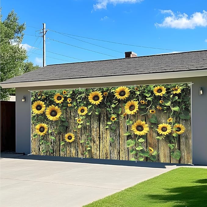 ANNA QUEEN Sunflower Fence Garage Door Banner 6 x 13FT, Vibrant Floral Sunflowers with Wooden Fence, Outdoor Garden Decoration for Spring and Summer Parties Home Decor