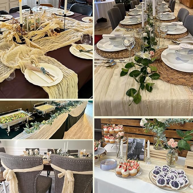 16Packs Beige Cheesecloth Table Runners – Boho Gauze Vintage Table Decor, 120 Inch Long Rustic Cheese Cloth Runner for Wedding, Bridal Shower, Birthday, Romantic Party 10Ft (Beige, 24" x 120"-16Packs)