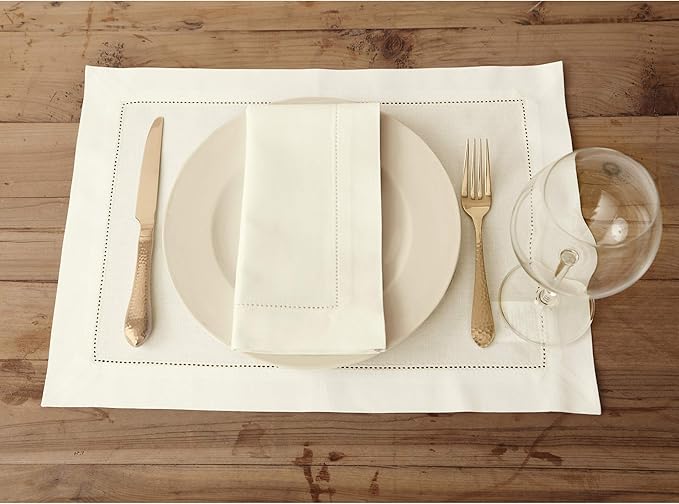 Solino Home Ivory Placemats Set of 4 - Cotton Linen Hemstitch Placemats 14 x 19 Inch for Spring, Easter