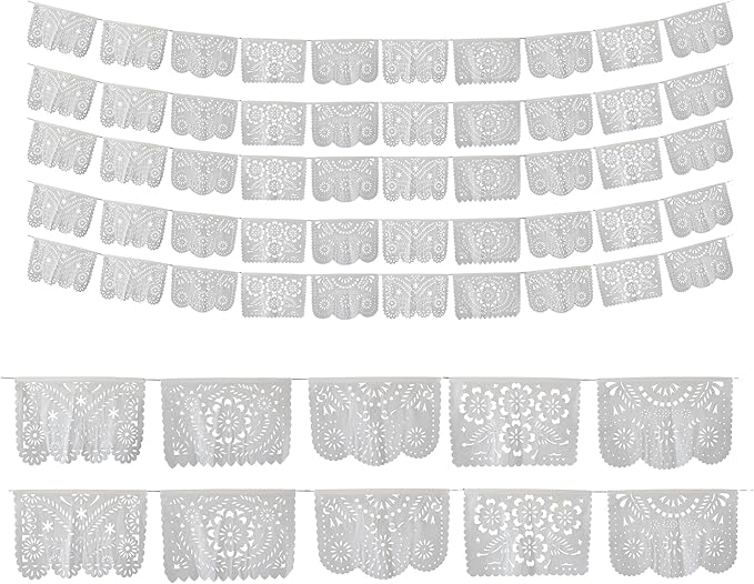 Papel Picado White Plastic Banner 5 Pack, 19 x 13 in Giant Panels, 82 Ft Total Length, 50 Panels, Mexican Wedding Fiesta Quinceañera Decor