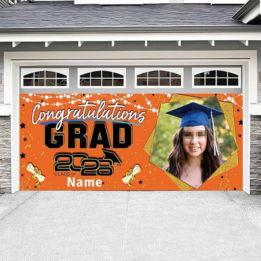 Custom Garaduation Garage Door Banner Cover 16 x 7 ft Class of 2026 Congrats Grad Party Backdrop Personalized Graduation Decoration(Orange and Black)
