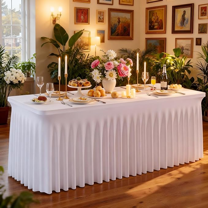 2 Packs White Tableclothes for 4 Foot Rectangle Tables, Wrinkle Resistant Fitted Table Cloth Stretch Spandex Table Covers with Skirt for Event Banquet Wedding Birthday Party