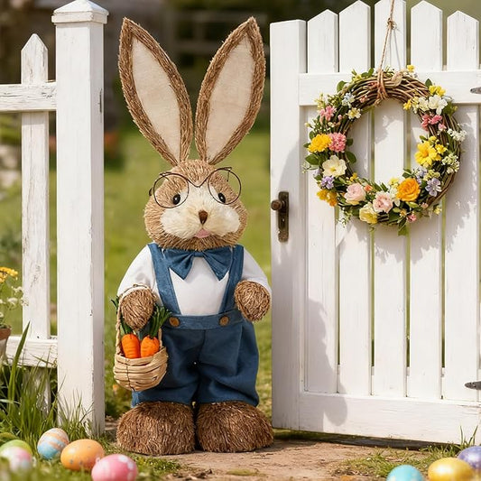 Juegoal Easter Straw Bunny Decorations, 32"(2.6FT) Extra Large Standing Mr. Bunny Figurine, Handmade Easter Rabbit Statues, Cute Photo Props Gifts for Office Kitchen Farmhouse Spring Home