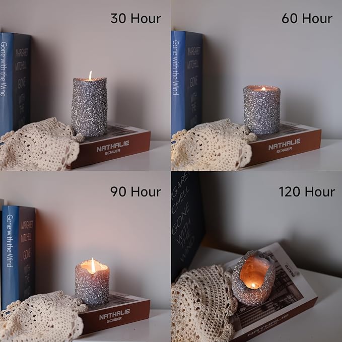 MOZEAL Hand-Poured Granular Texture Decorative Silver Pillar Candles Set of 3 (3"x4", 5", 6"), pprox 300 Hours Burn Time Dripless, Unscented, Smokeless, for Elegant Wedding, Luxury Party Décor